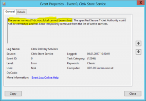 Citrix Store Service Error 0, Citrix StoreFront: wrong STA name or STA not reachable