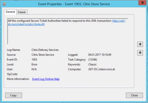 Citrix Store Service, Error 1003: No STA server available!