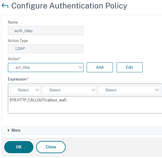 An authentication policy using an HTTP callout fo a WAF